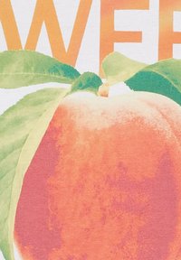 Illustration af en fersken med bløde orange og pink nuancer, grønne blade og en tekstureret overflade, sat mod en hvid baggrund med fed skrift.