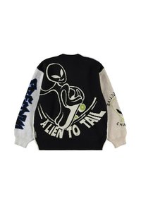 Stickad tröja med svarta, grå och beige paneler, med en alien grafikk, skateboarddesign och texten "ALIEN TO TAIL."