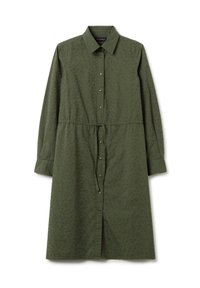 Olivenfarbenes Hemdkleid mit Kragen, langen Ärmeln, Knopfleiste, verstellbarem Taillengürtel und strukturiertem Blumenmuster.