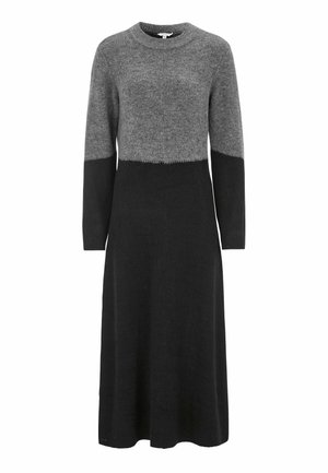 Robe en tricot avec un col rond, présentant une partie supérieure grise et une partie inférieure noire. Manches longues, texture douce et longueur mi-mollet.