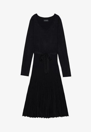 Black dress with long sleeves, scoop neckline, and a belted waist design. Features a ribbed texture and flowy, pleated skirt.