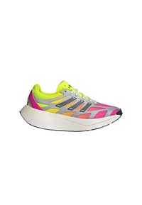 Running shoe featuring a lightweight mesh upper in bright yellow, pink, and orange, with a thick white sole and black accents.