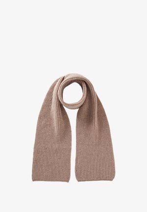 Ribbed knit scarf in light beige, featuring a long rectangular shape with a looped design at one end for easy styling and warmth.