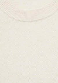 Cream-colored sweater with a textured knit pattern and a ribbed crew neckline. Soft material with an even weave and no visible embellishments.