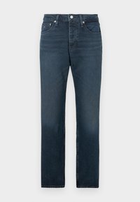 Sötétkék denim nadrág, egyenes lábformával, öt zsebbel, gombos záródással, és minimális kopással az alján.