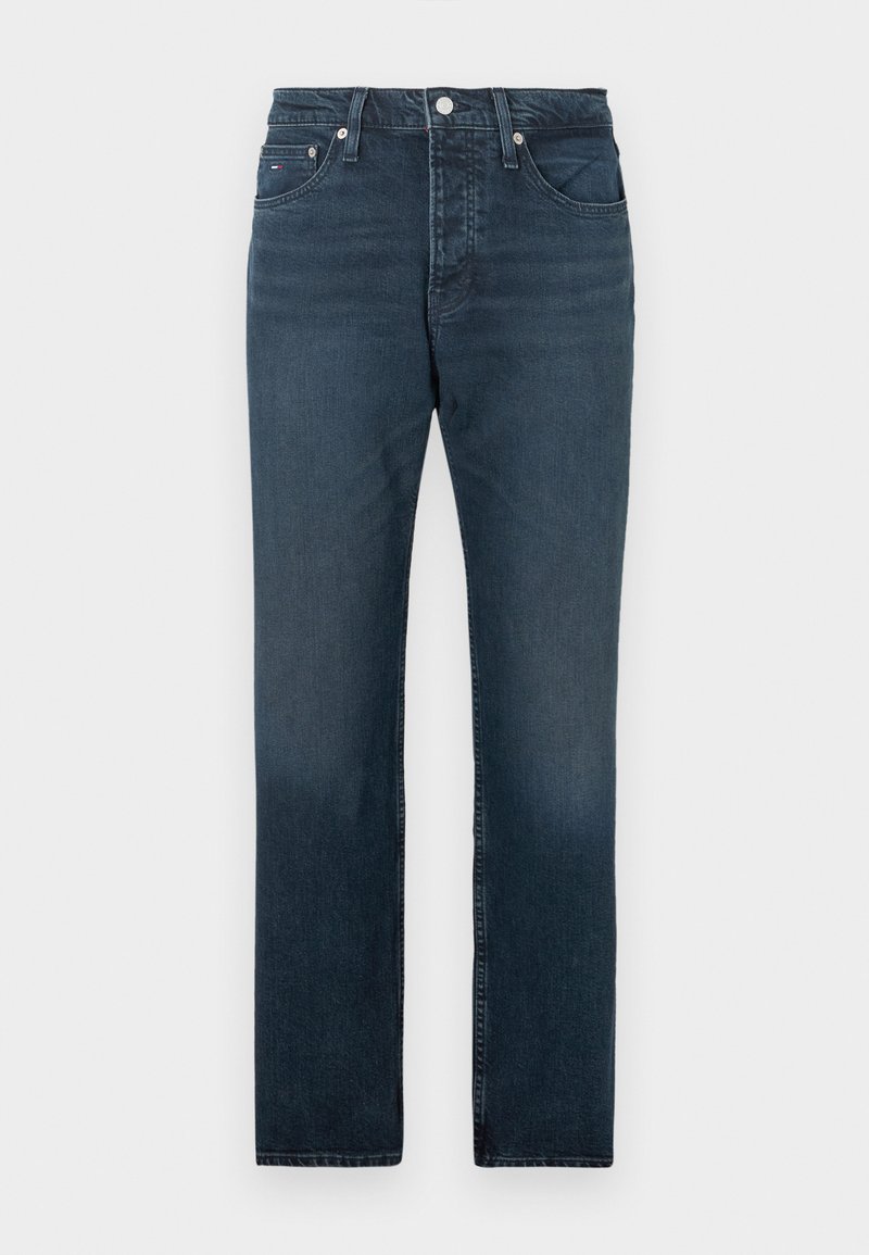 Dark blue denim jeans with a straight leg design, featuring five pockets, a button-fly closing, and minimal fading near the hem.