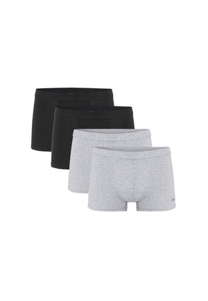 To par sorte og to par grå herreboxershorts arrangeret i skiftevis farver mod en hvid baggrund.