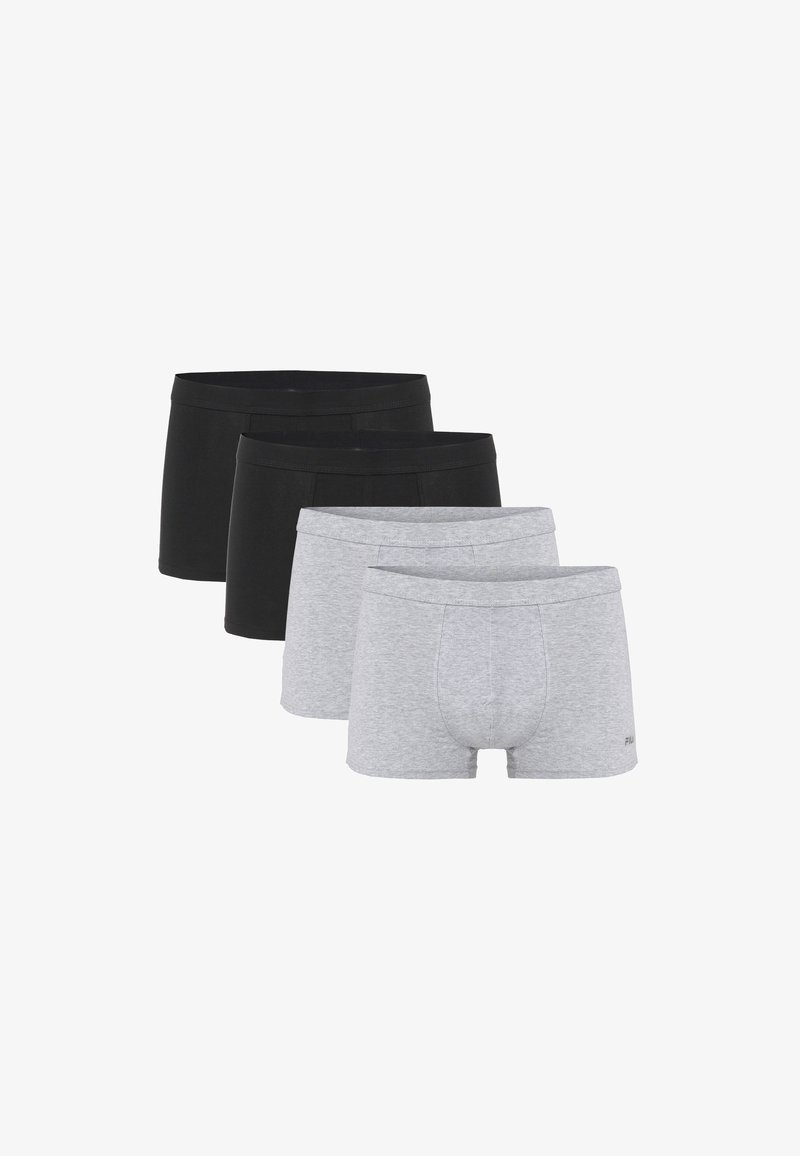 Deux paires de boxers noirs et deux paires gris pour hommes, disposées en couleurs alternées sur fond blanc.