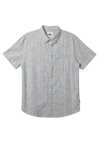 Kurzärmeliges Button-Up-Hemd in Hellblau mit vertikalen Streifen in Rosa und Grau. Verfügt über eine Brusttasche und einen Kragen.