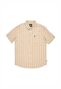 Camisa de botones de manga corta en color beige con rayas verticales en marrón claro y patrones florales. Cuenta con un bolsillo en el pecho y etiqueta de la marca.