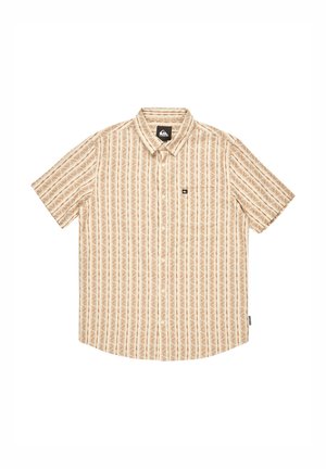 Camisa de botones de manga corta en color beige con rayas verticales en marrón claro y patrones florales. Cuenta con un bolsillo en el pecho y etiqueta de la marca.