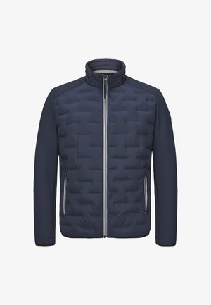 Navy blue puffer jacket with a high collar, quilted front, and smooth, textured sleeves. Features two side pockets and a front zipper.