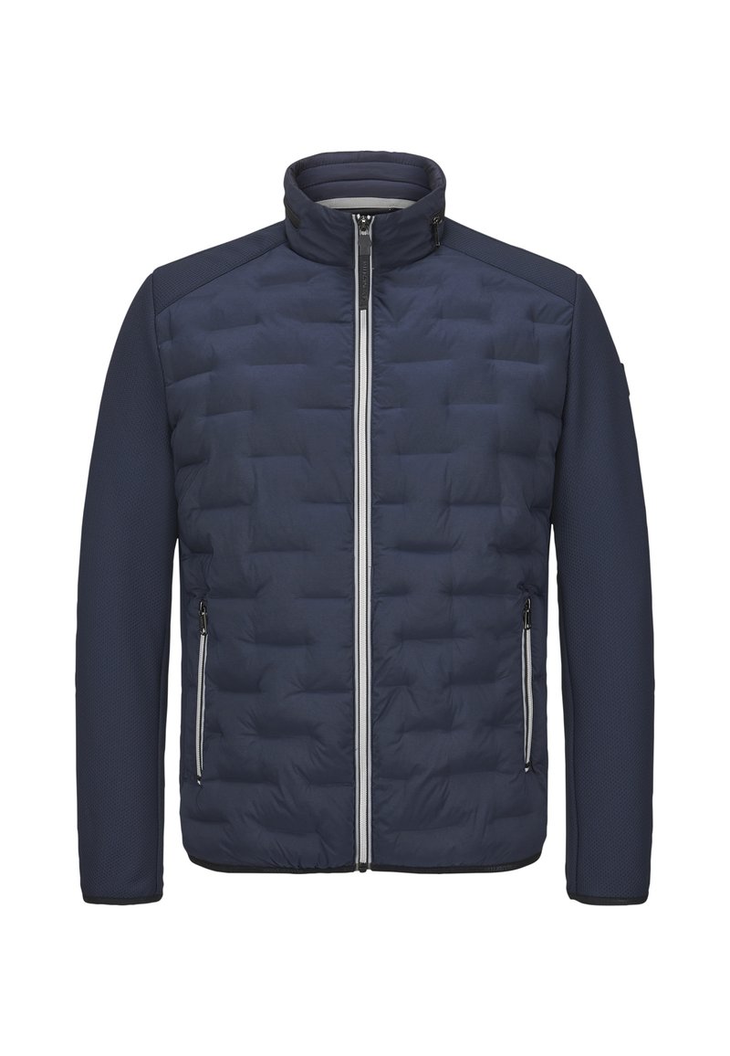 Marineblaue Steppjacke mit hohem Kragen, gesteppter Vorderseite und glatten, strukturierten Ärmeln. Verfügt über zwei Seitentaschen und einen Frontreißverschluss.