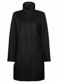 Manteau en mélange de laine noire avec col haut, silhouette droite, poches latérales et détails de coutures verticales. Texture lisse, longueur jusqu'aux genoux.