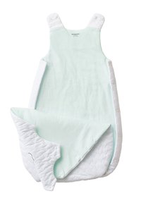 Hellgrüner Schlafsack mit weißer Steppung, ausgestattet mit verstellbaren Druckknopfverschlüssen an den Riemen und an der Seite für einfachen Zugang und Komfort.