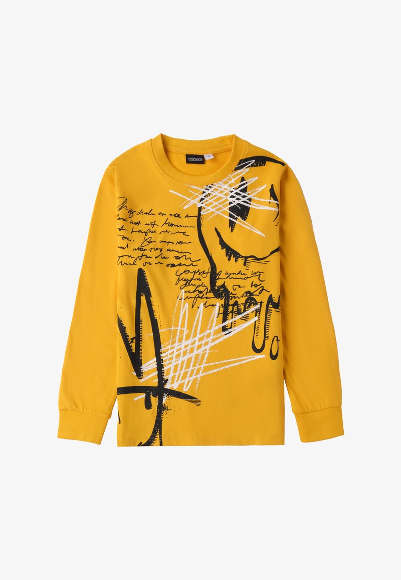 Langärmliges gelbes T-Shirt aus Baumwolle, mit schwarzen abstrakten Grafiken und handgeschriebenem Text, Rundhalsausschnitt und umgeschlagenen Ärmeln.