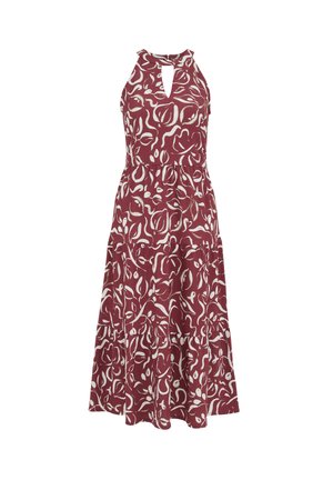 Vestito midi senza maniche bordeaux con motivo astratto di foglie bianche, scollo halter e apertura a goccia sul davanti.