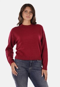 Maglione rosso lavorato a maglia con scollo rotondo, orlo a costine e maniche lunghe, abbinato a jeans in denim scuro. Tessuto morbido e vestibilità casual.