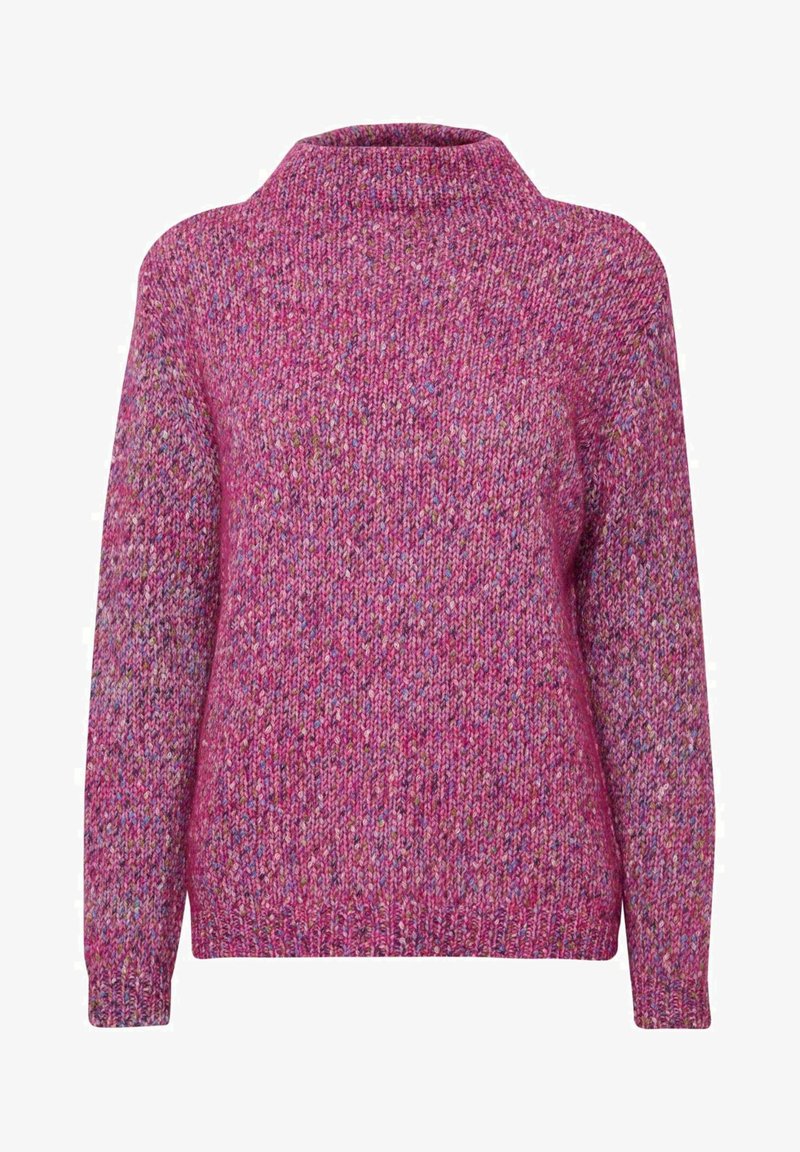 Adīta džemperis, augsts apkakle, spilgti rozā krāsā ar daudzkrāsainām punktiņām, brīvs piegriezums, ribota apakša un piedurknes.