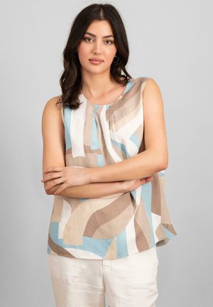 Débardeur en tissu léger avec un motif géométrique de tons beige doux, blanc et bleu, doté d'un col arrondi et de accents sur les côtés.