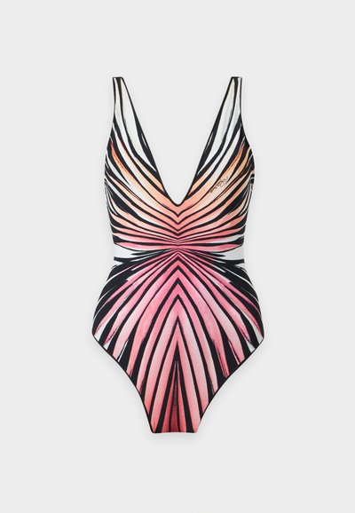Maillot de bain une pièce avec un profond décolleté en V et un motif rayé abstrait en noir, blanc, rose et tons pêche.