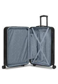 Valigia nera con ruote e scocca rigida, con un interno grigio chiaro, cinghie incrociate e una tasca laterale con zip.