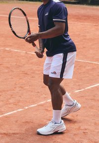 Tenisový hráč v tmavě modrém tričku s bílými pruhy, bílých šortkách s červenými akcenty a bílých sportovních botách, držící raketu na antukovém kurtu.