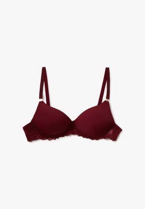 Bordeauxfarbener BH mit gepolsterten Cups, Spitzenbesatz und verstellbaren Trägern. Glattes Material mit floralen Spitzenakzenten entlang des unteren Rands.