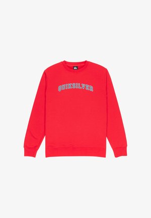 Rotes Sweatshirt aus Baumwollmischung, mit langen Ärmeln und Rundhalsausschnitt. "QUIKSILVER" in blauer Schrift über der Brust angezeigt.