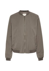 Veste bomber en vert olive foncé, fabriquée en tissu lisse. Elle présente une fermeture éclair à l'avant, une coupe décontractée, des poignets côtelés et des poches latérales.
