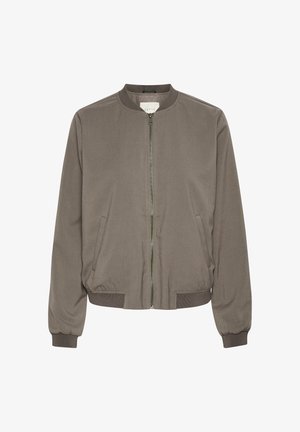 Veste bomber en vert olive foncé, fabriquée en tissu lisse. Elle présente une fermeture éclair à l'avant, une coupe décontractée, des poignets côtelés et des poches latérales.