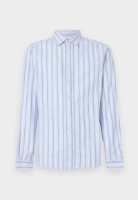 Pasiasta, długi rękaw koszuli w jasnoniebieskim i białym kolorze. Zapięcie na guziki z klasycznym kołnierzykiem, z wąskimi pionowymi paskami i detalami na mankietach.