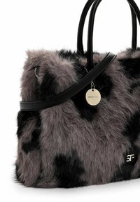 Faux fur handbag in gray and black hues, featuring a sleek black strap, metal hardware, and a logo plate for branding.