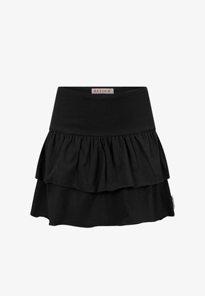 Zwarte gelaagde mini-rok met brede tailleband en geplooide ruches, gemaakt van zachte stof, met een klein merkje aan de zijkant.