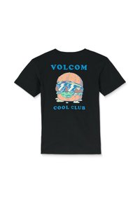 Camiseta de algodón negra con un gráfico colorido de una hamburguesa usando gafas de sol, con el texto "VOLCOM" y "COOL CLUB" en azul.