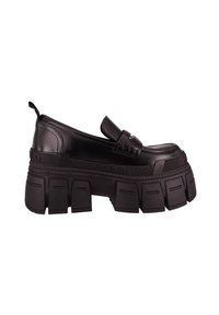 Black chunky loafers with a thick textured sole, smooth leather upper, and prominent strap detail. Rubber accent with brand name embossed.