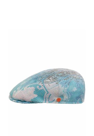 Flat cap with a textured blue and white pattern and a small round red logo on the side.