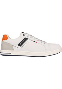 White leather sneaker with gray laces, orange heel accent, and a textured gray side panel. Features a navy sole and minimalistic branding.