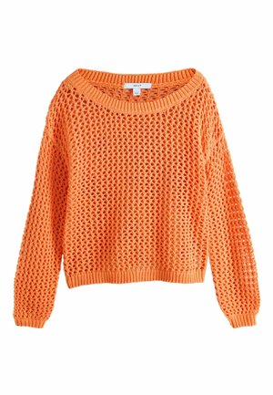 Orange long-sleeve loose-knit sweater with a round neckline and ribbed cuffs and hem, labeled "NEXT" inside the collar.