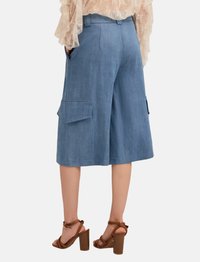 Culottes de lino azul claro, con bolsillos laterales y un corte relajado, combinados con sandalias de tacón cuadrado marrones. La textura parece suave.