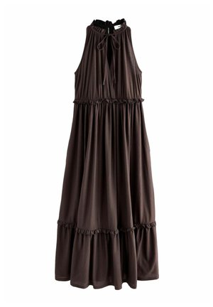 Braunes ärmelloses Kleid mit hohem Hals, gerafftem Taillenbund und Rüschensaum. Hergestellt aus weichem Stoff, mit einer Bindeschleife im Rücken.