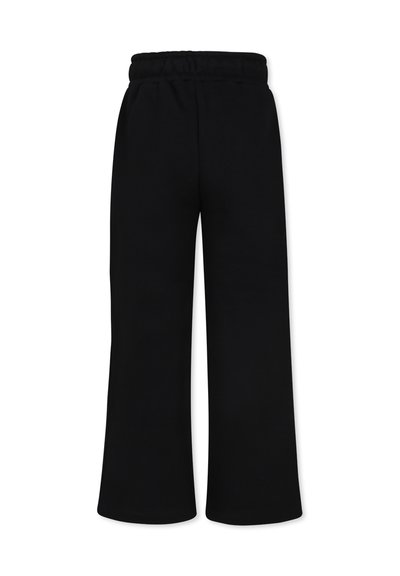 Pantaloni neri a gamba larga realizzati in tessuto morbido e strutturato. Presentano una cintura elastica e non hanno cuciture o tasche visibili sul retro.