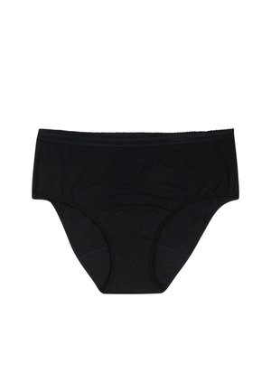 Culottes hipster en coton noir avec une texture lisse, une ceinture élastiquée et une délicate bordure en dentelle le long du bord supérieur.