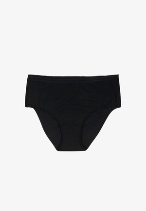 Culottes hipster en coton noir avec une texture lisse, une ceinture élastiquée et une délicate bordure en dentelle le long du bord supérieur.