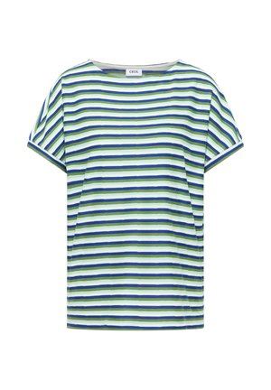 Kortarmig T-shirt met horizontale strepen in blauw, groen, wit en marine, ronde halslijn en label met de tekst "CECIL".