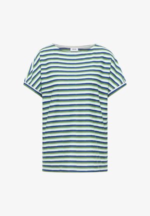 Maglietta a maniche corte con righe orizzontali in blu, verde, bianco e blu navy, scollo tondo ed etichetta con la scritta "CECIL".