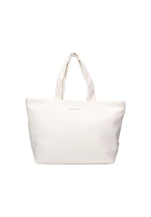 Borsa tote bianca realizzata in materiale sintetico liscio. Presenta due manici superiori e un logo del marchio impresso sulla parte anteriore. Design semplice e minimalista.