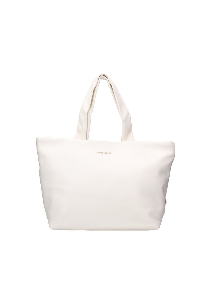 Borsa tote bianca realizzata in materiale sintetico liscio. Presenta due manici superiori e un logo del marchio impresso sulla parte anteriore. Design semplice e minimalista.