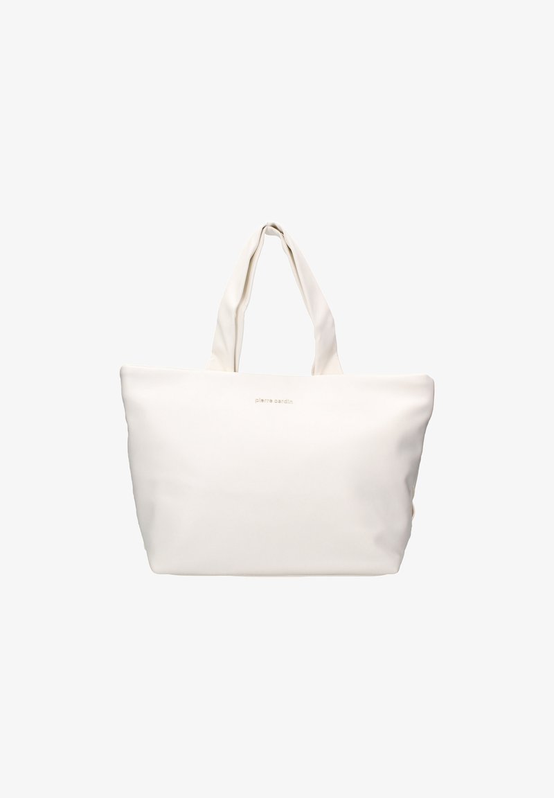 Borsa tote bianca realizzata in materiale sintetico liscio. Presenta due manici superiori e un logo del marchio impresso sulla parte anteriore. Design semplice e minimalista.
