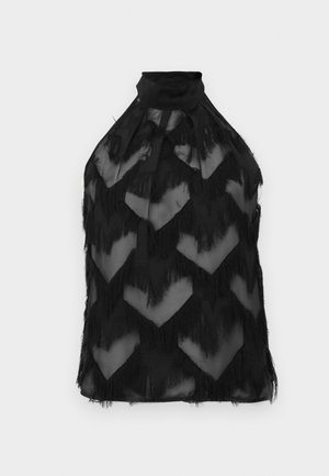 Haut halter noir en tissu transparent, avec un motif en zigzag et des accents de franges texturées, doté d'un col haut.